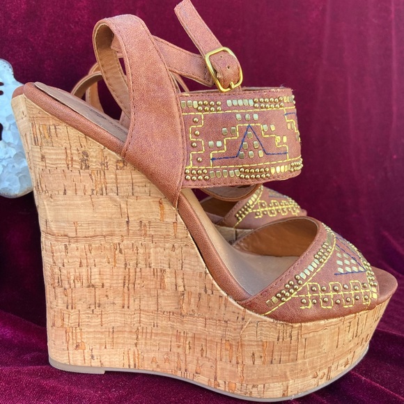 Nine West Vintage America Tan Cork Wedges Sz 8.5 - Picture 4 of 5